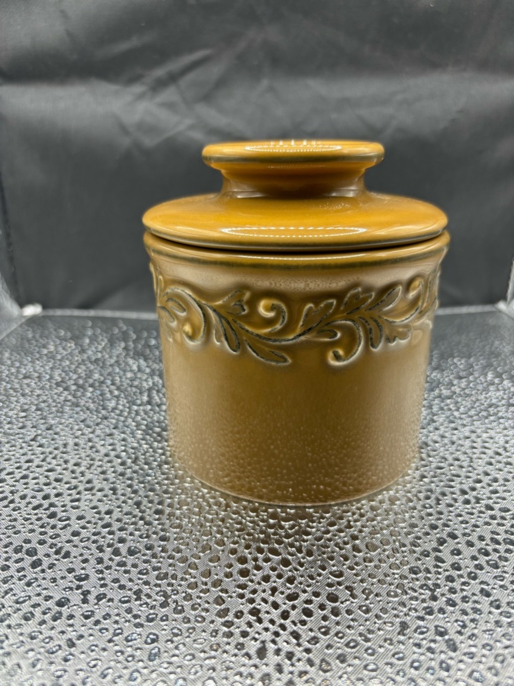 Brown Ceramic Butterbell with Decorative Scroll Rim